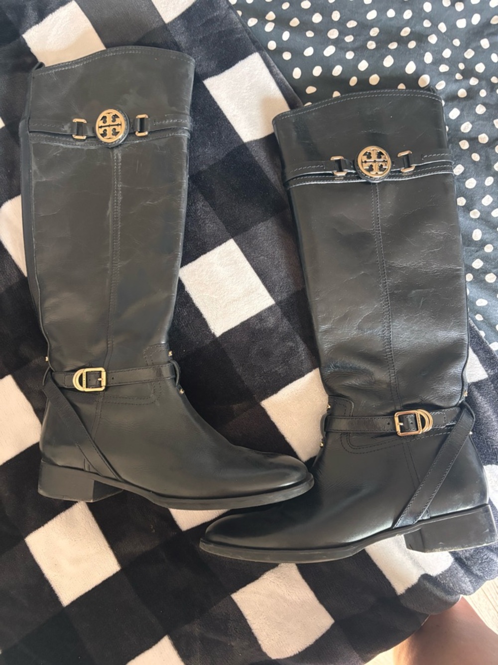 Tory Burch Black Leather Tall Riding Boots with Gold Logo